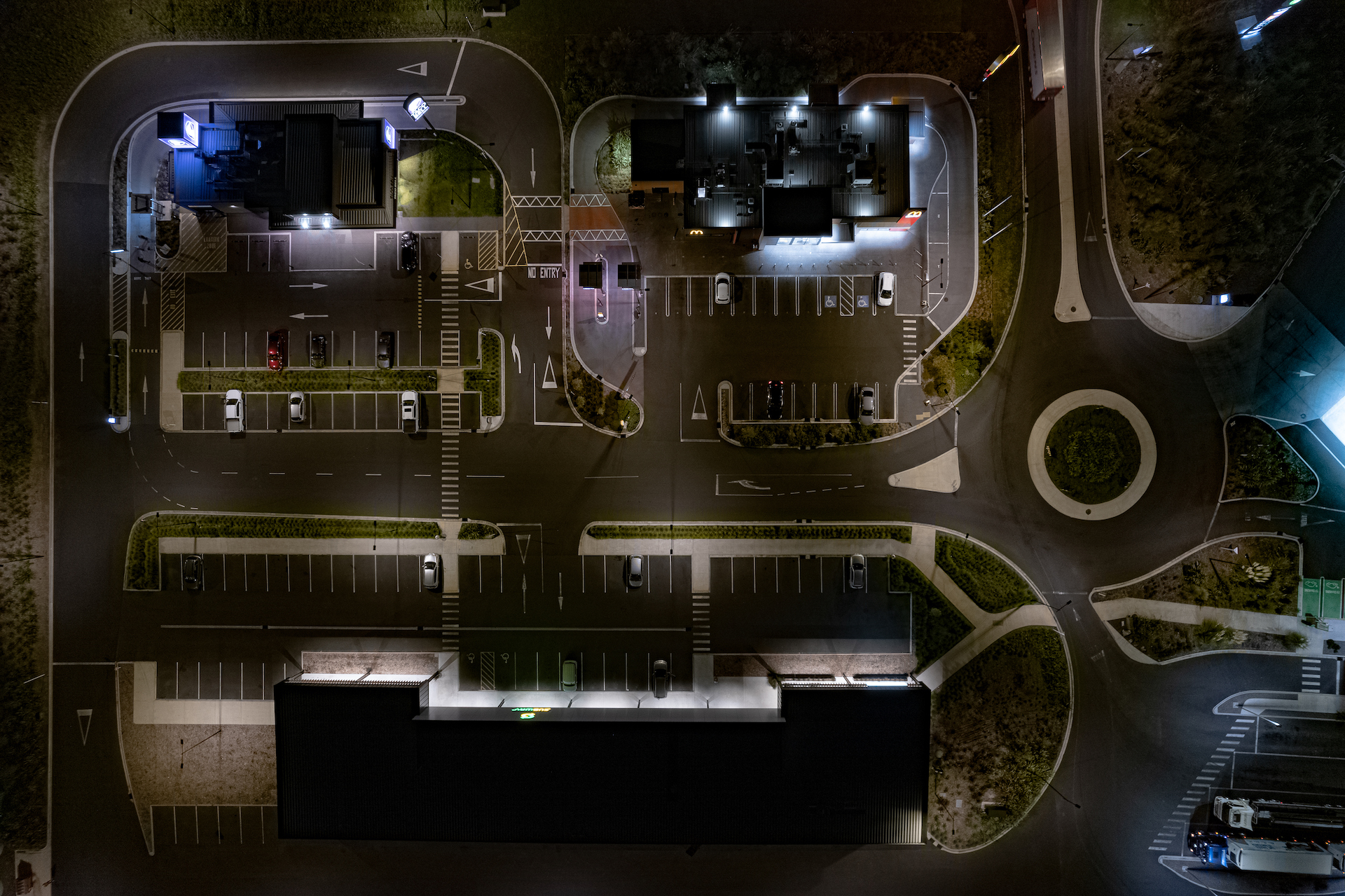 Overview of Taupiri parking at night illuminated by ibex lighting solutions.