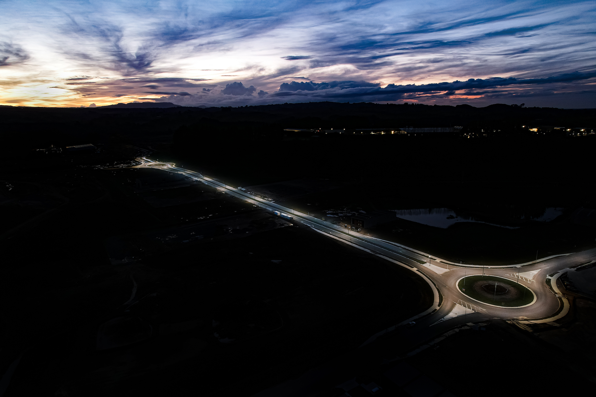 Tauriko road overview at night illuminated by ibex lighting solutions.