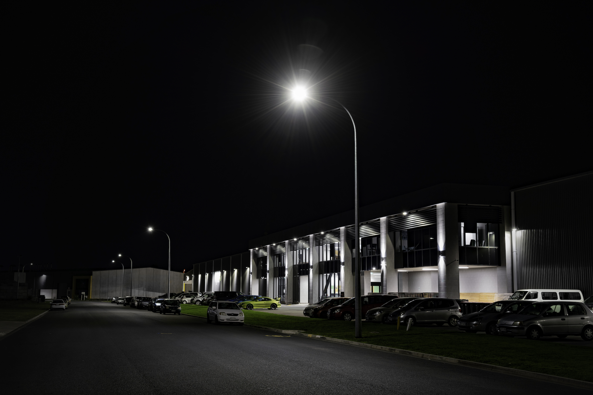 Tauriko parking at night illuminated by ibex lighting solutions.