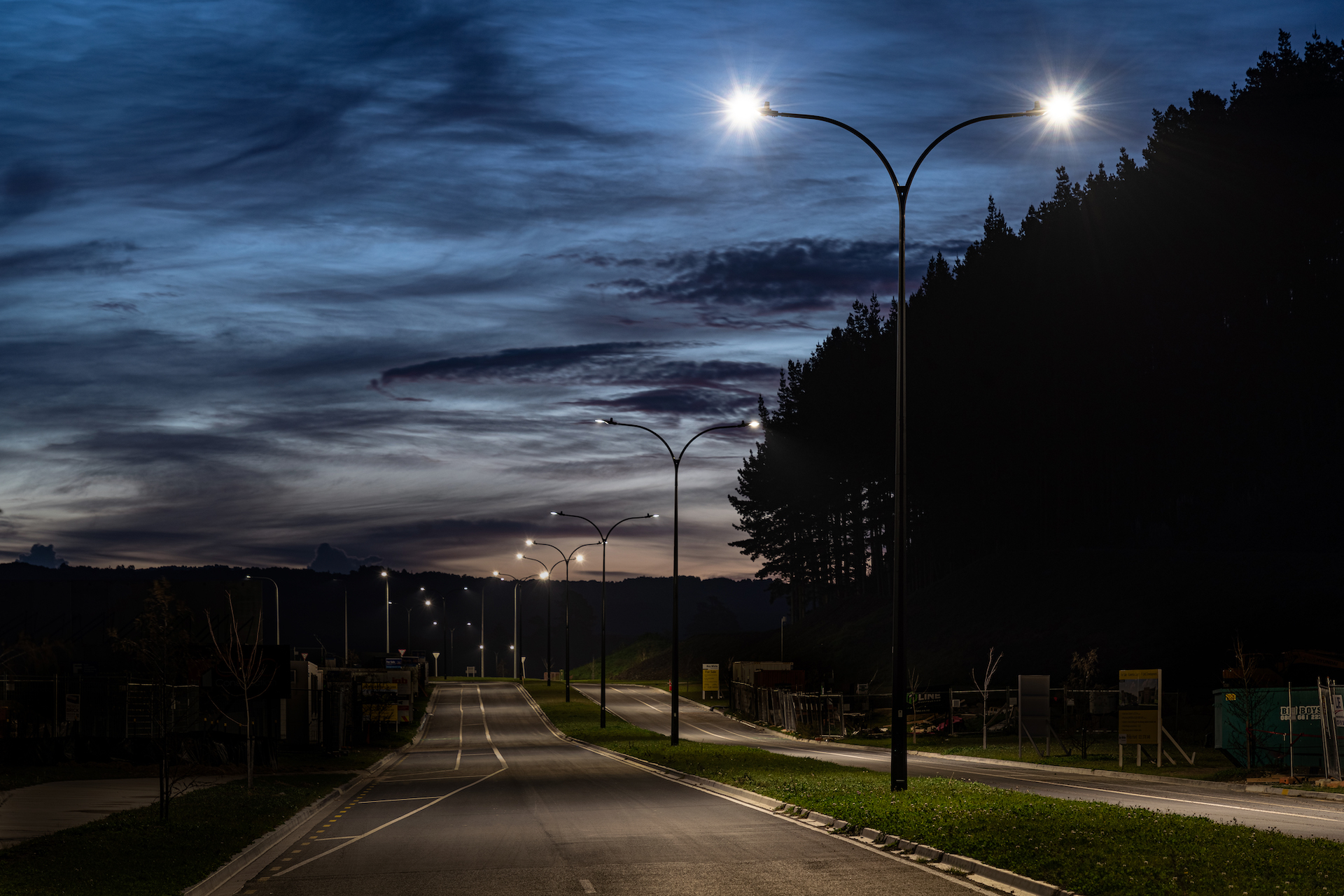 Tauriko Business Park road at night illuminated by ibex lighting solutions.