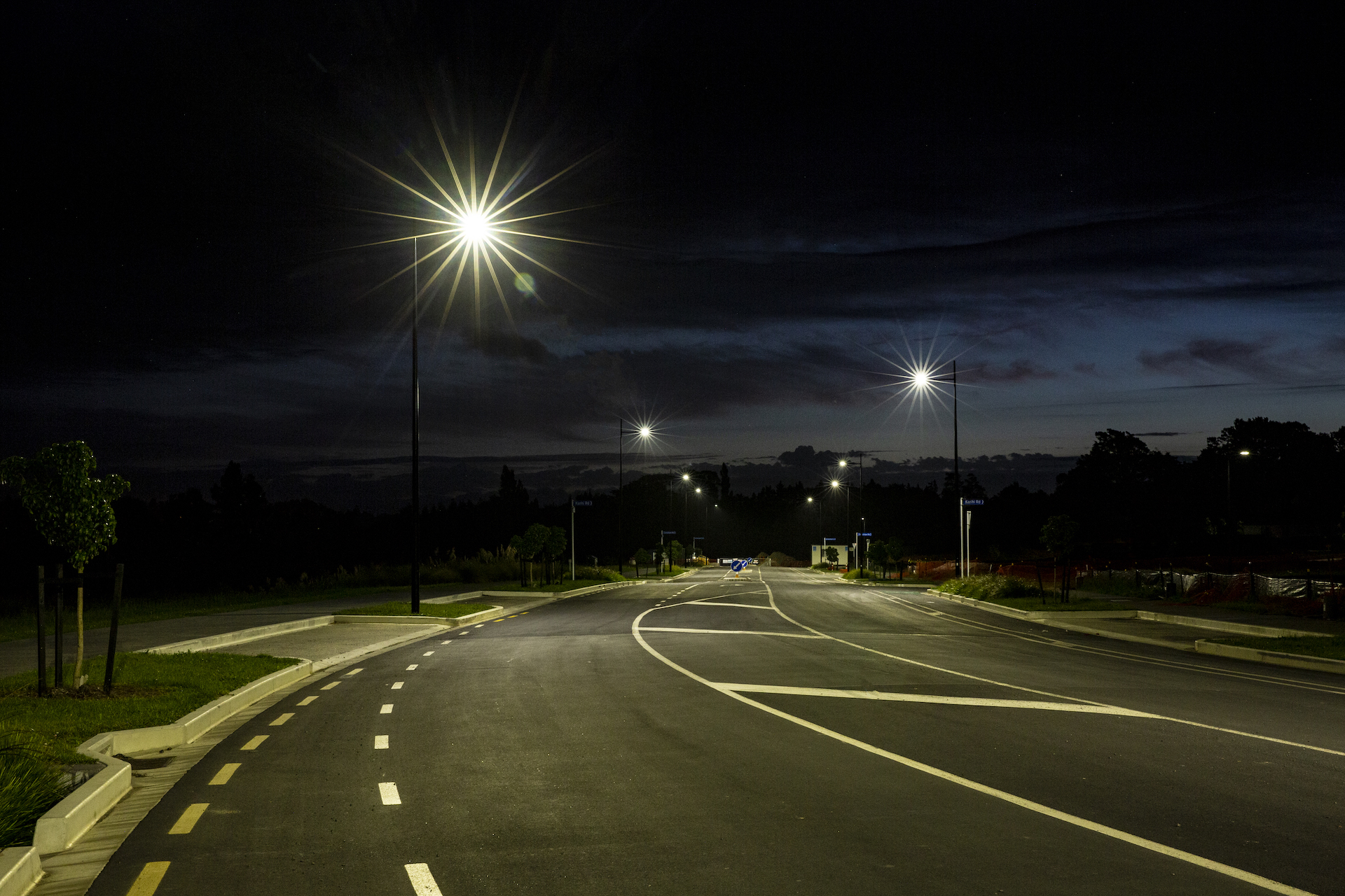 Auranga road at night, illuminated by ibex lighting.