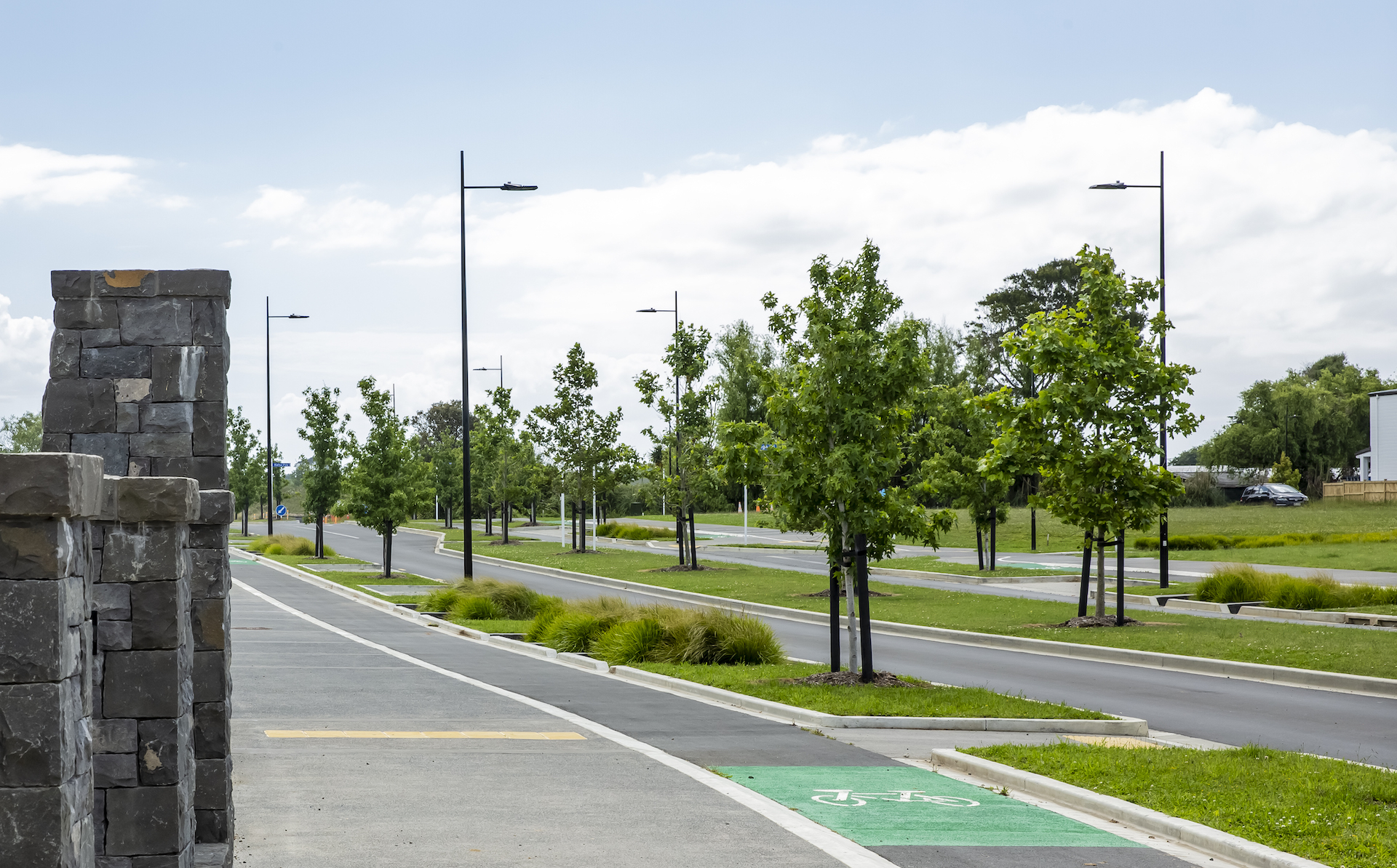 Auranga tree-lined street, presenting Ibex Lighting's lighting solution.