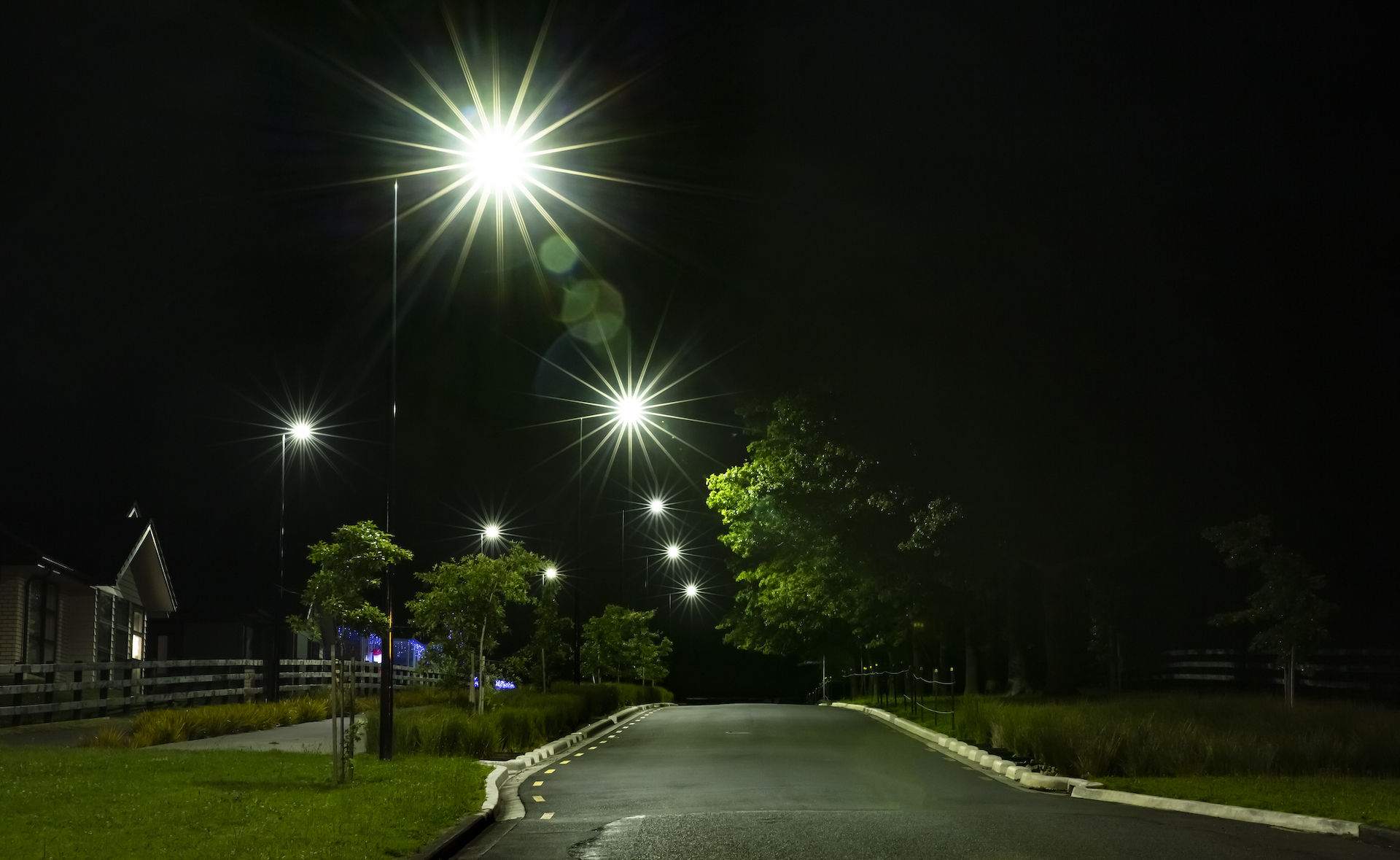 Paerata Rise street at night illuminated by ibex lighting solutions.