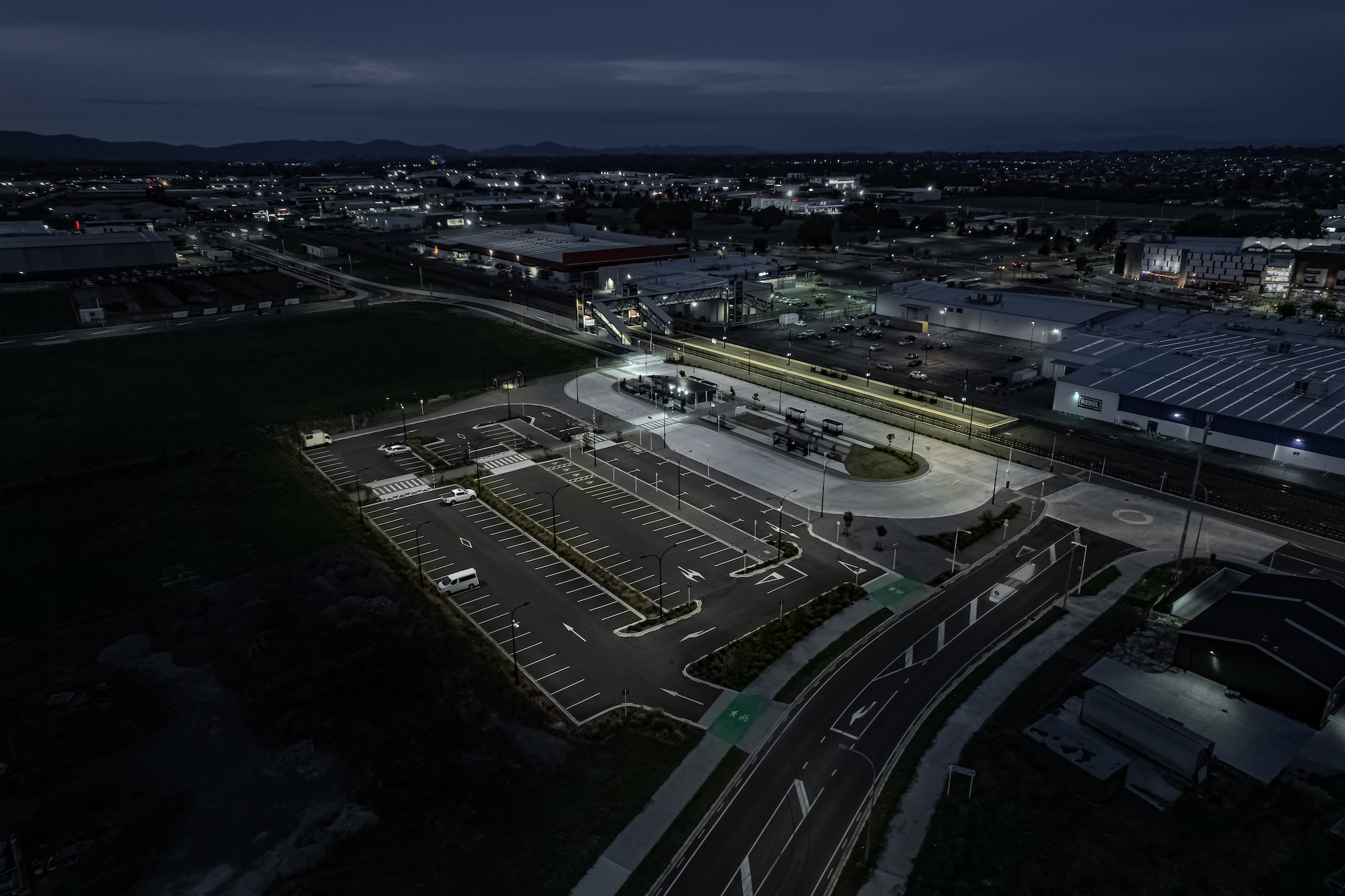 Overview of Rotokauri parking at night illuminated by ibex lighting solutions.