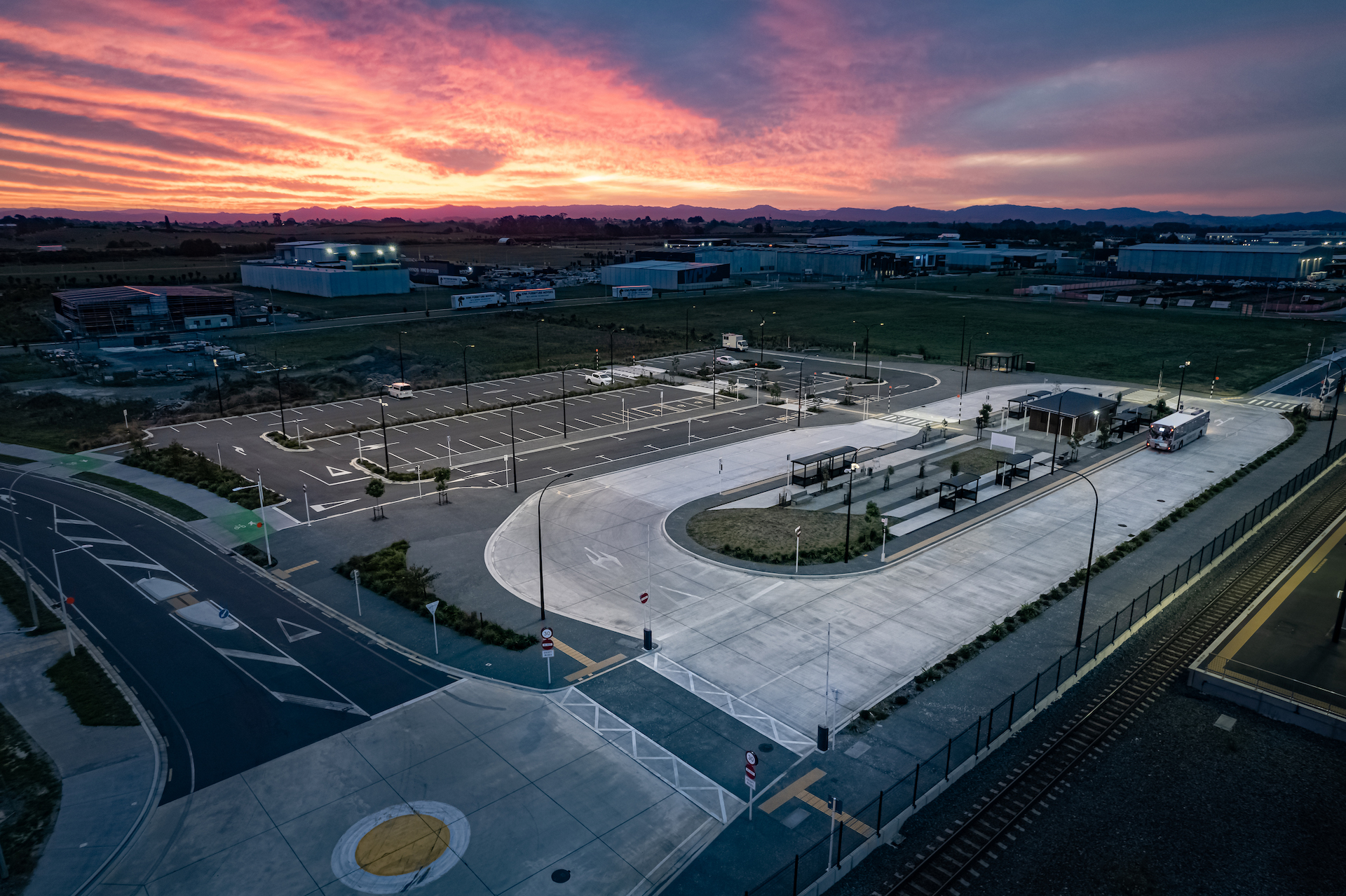Overview of Rotokauri parking at sunset illuminated by ibex lighting solutions.