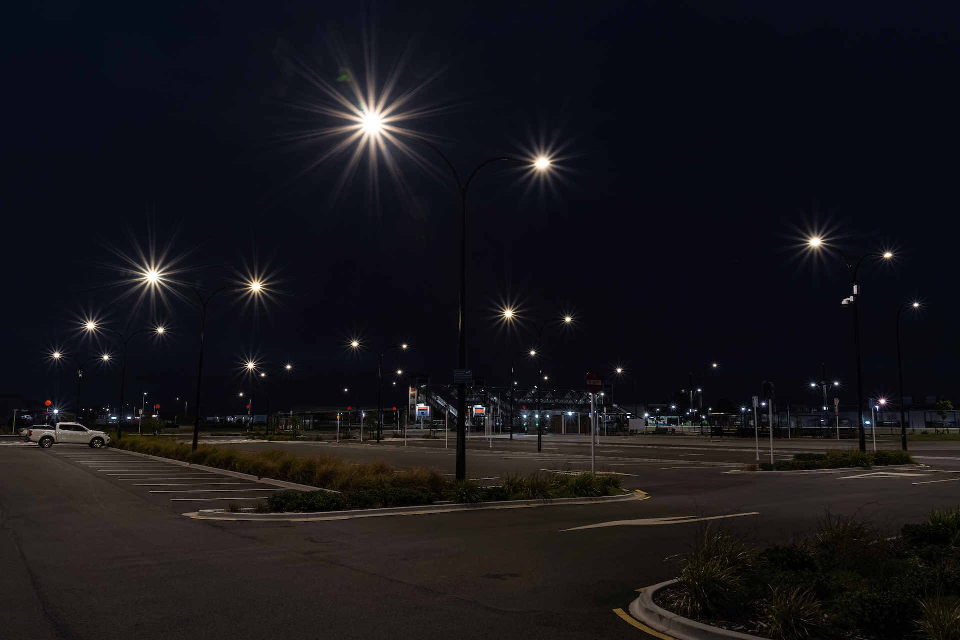 Rotokauri parking at night illuminated by ibex lighting solutions.